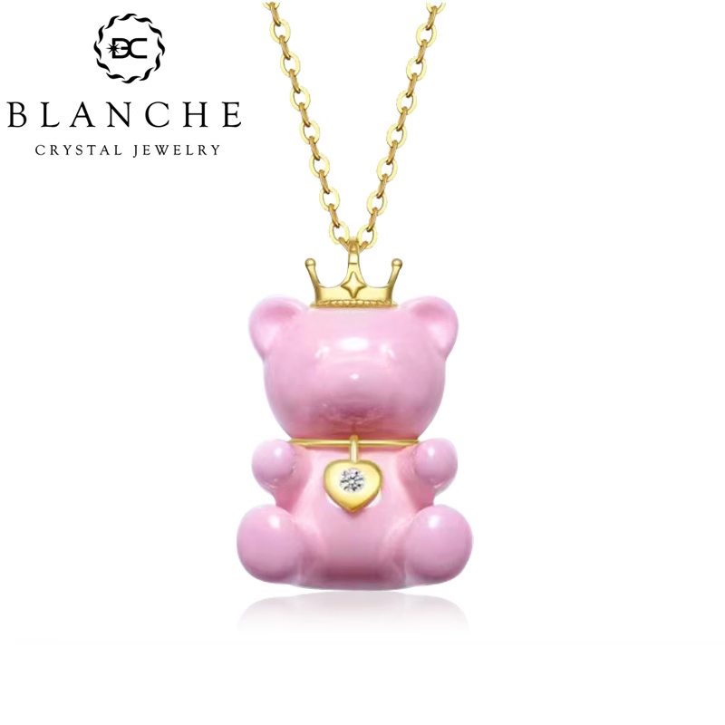 陶瓷可爱小熊18K金钻石彩金项链轻奢黄金锁骨气质吊坠生日礼物女