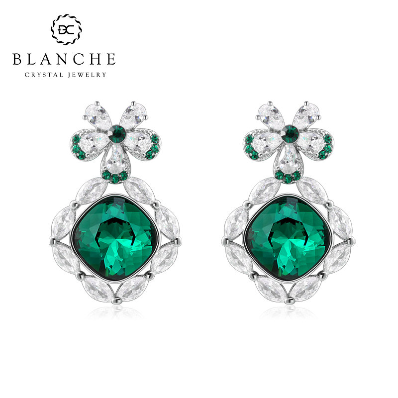 Blanch方形花朵祖母绿施华水晶耳环高级感耳钉秋冬独特气质耳饰女