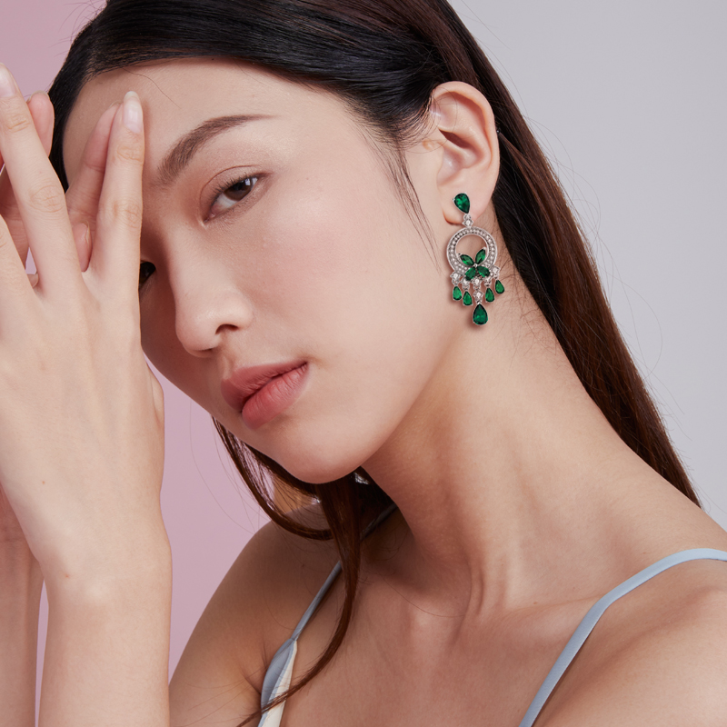 大牌网红爆款祖母绿火彩流苏耳环