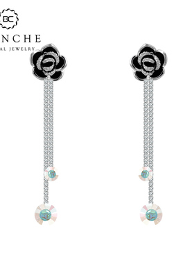 BLANCHE/布兰琪黑色山茶花水晶耳环高级感流苏耳坠轻奢玫瑰耳饰女