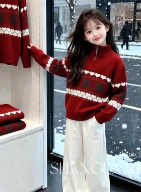 英国Next chek女童毛衣半拉链高领针织衫冬季大童女孩红色上衣