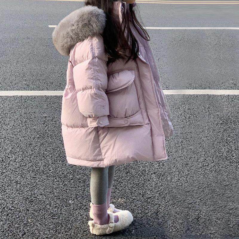 英国NTYUK女童大毛领连帽羽绒棉服儿童中长款棉衣加厚保暖外套