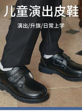 英国Nextchek男童皮鞋加绒春秋学生软底儿童演出黑色中大童鞋冬季