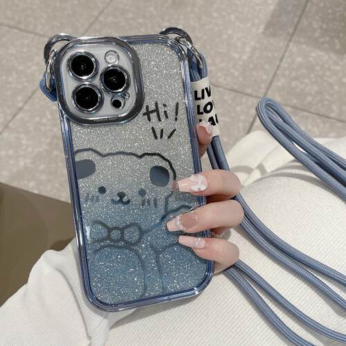 可斜挎适用iPhone16手机壳的苹果17promax可爱熊闪粉13电镀15全包ip14新款2026女款x带挂绳xsmax小众8plus套