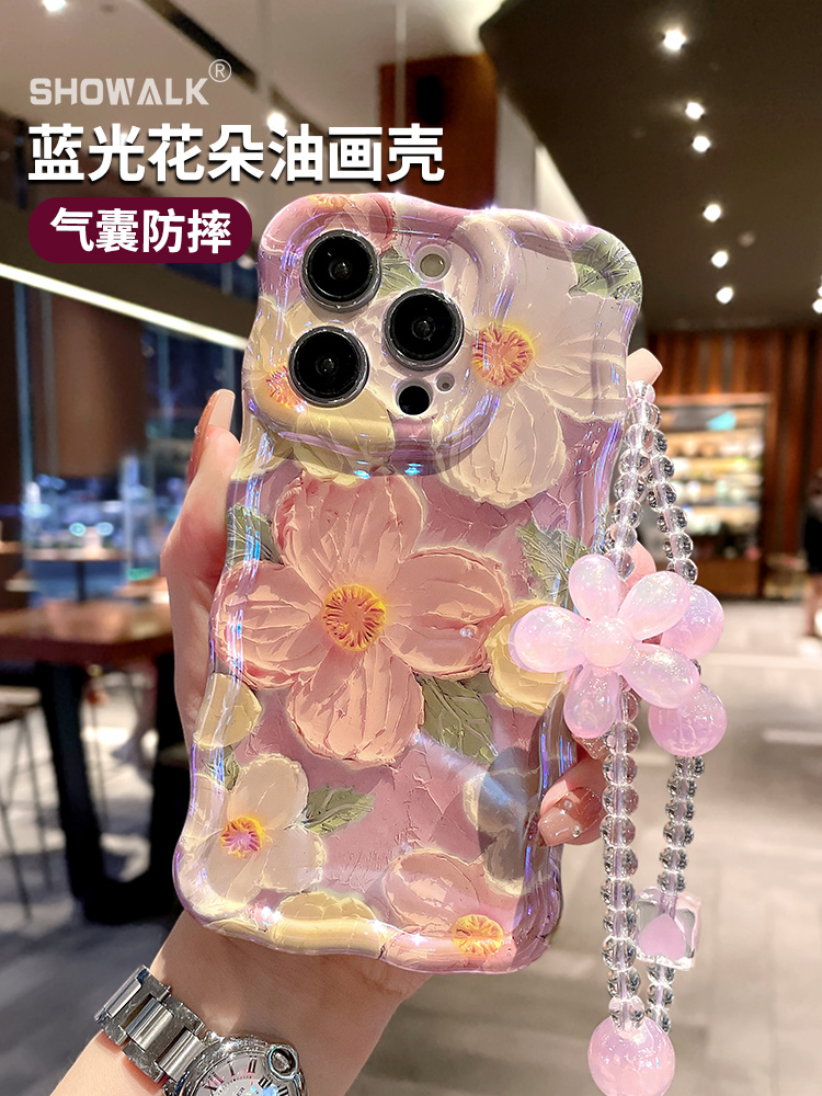 蓝光油画花适用苹果16promax手机壳15新款iphone12pro带挂绳16e手链14plus硅胶全包防摔高级感小众女夏13外套