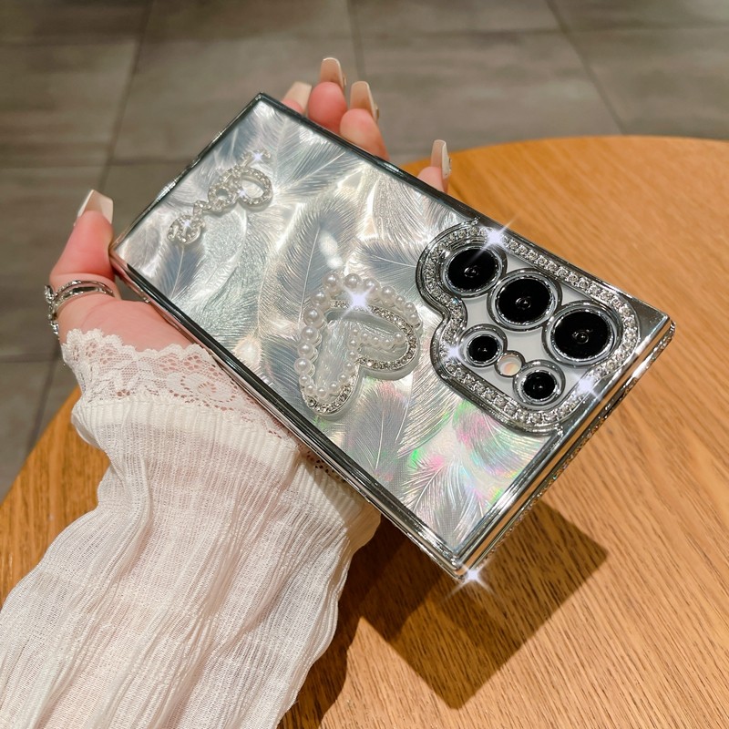 水钻镭射羽毛纸镶钻爱心适用三星GalaxyS25Ultra手机壳24全包精孔软胶s23+可爱小清新颜值气质S22P高级奢华女