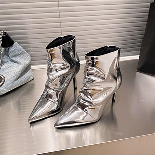 辣妹银色高跟褶皱靴子气质尖头细跟中筒靴女小个子裤管靴短靴秋冬