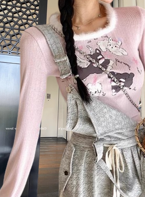 粉色小狗印花仿貂毛领T恤