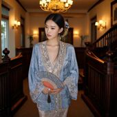 新中式 MOSS 金昭玉粹 人丝提花重工珠绣交襟外套女