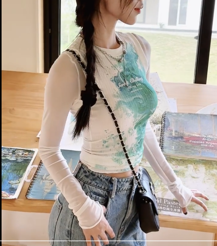 水墨绿晕染网纱拼接假两件