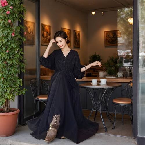 三吉同款3/7【镜花月】定染绣花蕾丝拼纱灯笼袖连衣裙