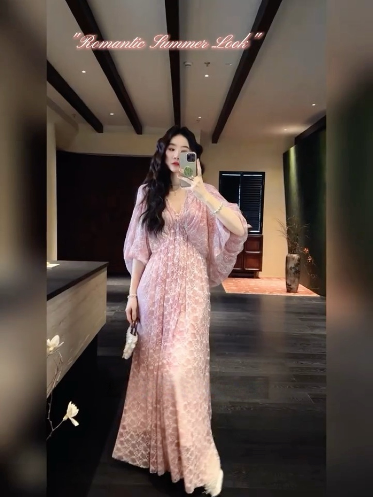 三吉同款「92折3/23」【月如银】扎染蕾丝提花神女裙staycation裙