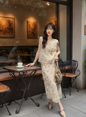 YANYAN【悠蓝境】新中式珠管串绣夏天绝美小套装马甲半身裙两件