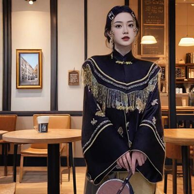 MOSS 4.09【墨色蝶梦】国风新中式人丝云肩+蝴蝶珠绣外套两件套