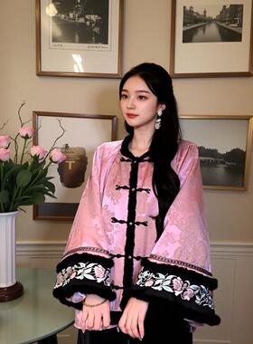 MOSS【国色天香】国风新中式正襟袖口刺绣水貂毛羽绒服女