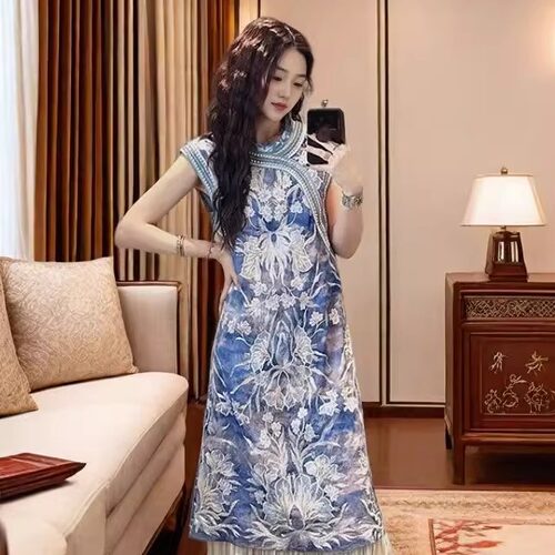 三吉【凝妆】新中式国风连衣裙子2025新款重工绣花背心旗袍裙
