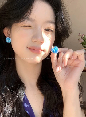 夏天清新感蓝色绣球花串珠耳钉紫色黄色时尚气质显白小众耳饰品