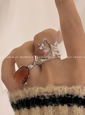 国潮新中式天然琥珀石手工戒指银