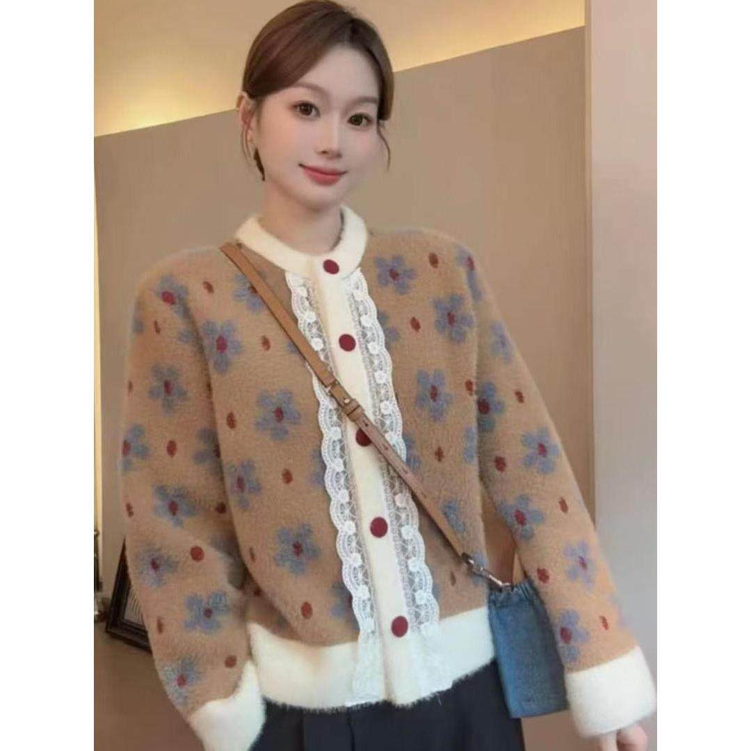 温柔风复古蕾丝拼接圆领针织开衫女秋冬季新款洋气小香风短款外套,女装/女士精品,短外套,淘宝优惠券,粉丝福利购,淘宝优惠卷