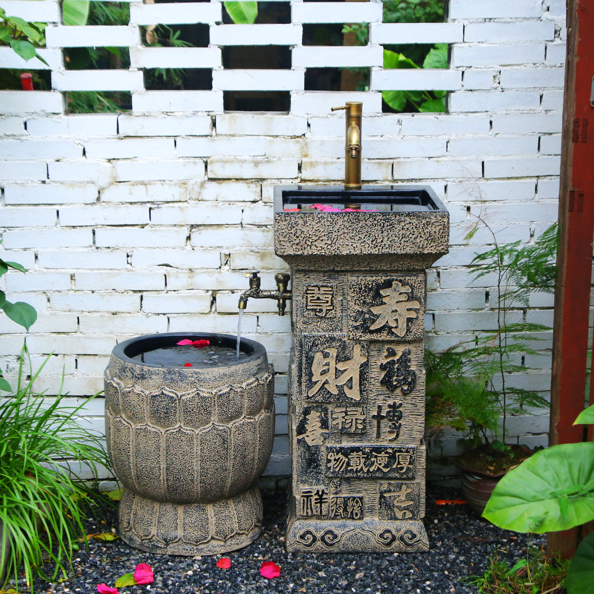 中式复古立柱洗手盆古典雕花文字装饰庭院花园一体台盆浇花拖把池