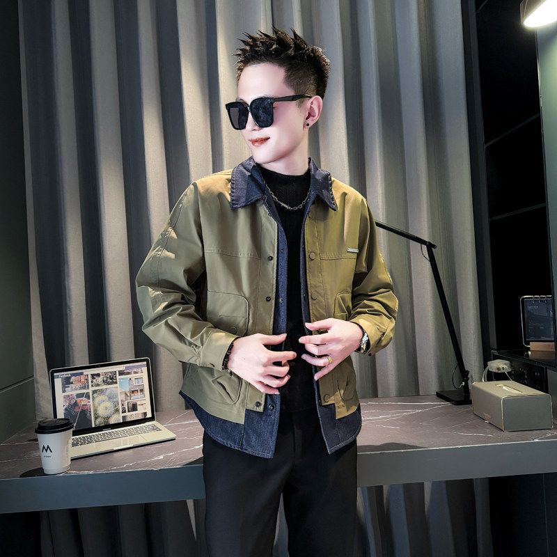 绿色314B-2-JK102-118控158秋季新款假两件外套男简约潮流夹克,男装夹克,星座314B-2