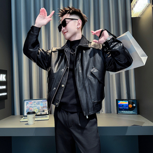 黑首314B-2-PY03加绒-138控178冬季新翻领加绒皮衣外套男皮夹克图片
