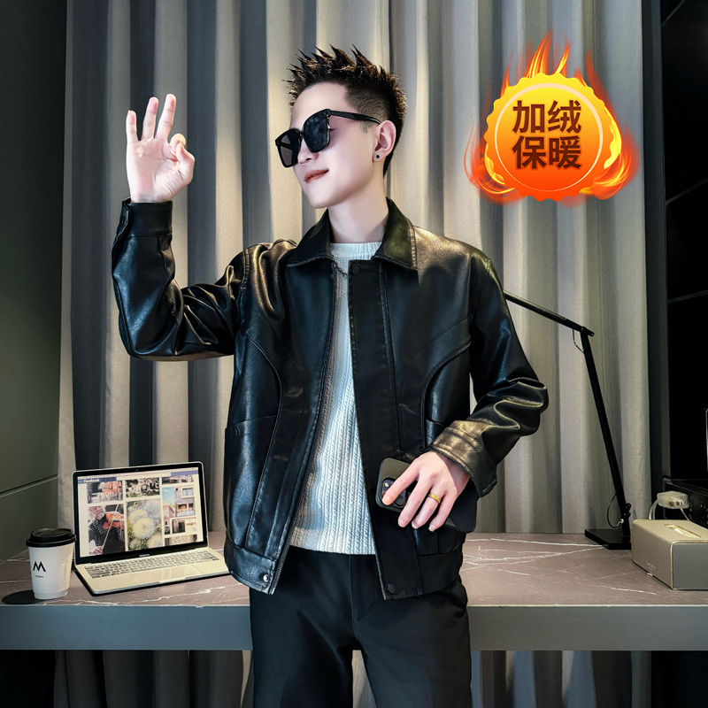 黑色314B-2-PY02-128控168秋季新翻领皮衣外套男简约潮流皮夹克，男装夹克，星座314B-2