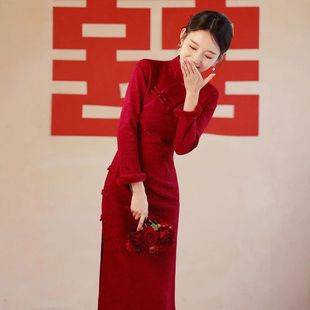 红色礼服裙冬天加绒秋冬旗袍新娘结婚便装敬酒服冬季2025新款订婚
