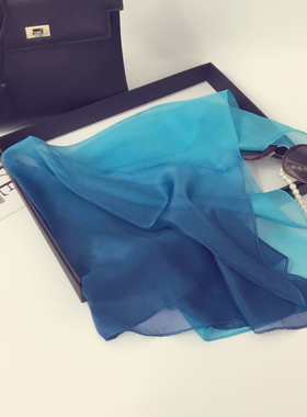 上海故事韩版真丝桑蚕丝丝巾女夏季渐变蓝色小方巾65cm高级感围巾