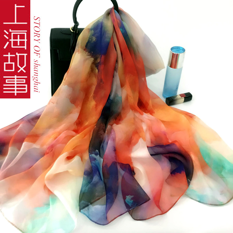 上海故事真丝丝巾女秋冬季新款100%桑蚕丝披肩民族风妈妈围巾送礼