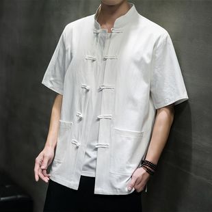 男夏季 中式 衬衫 带兜衬衣中国风上衣茶服 短袖 立领对襟褂子青年唐装