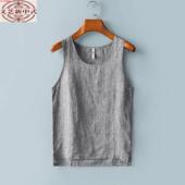 新款 薄款 男装 休闲无袖 纯亚麻夏季 短袖 棉麻夏 衬衫 圆领