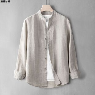 中式复古全亚麻长袖衬衫男士夏季薄款纯麻布料休闲衬衣纯色上衣服