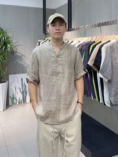 新款 复古短袖 高级感亚麻衬衫 寸衣新中式 衬衣男 宽松V领五分袖 夏季