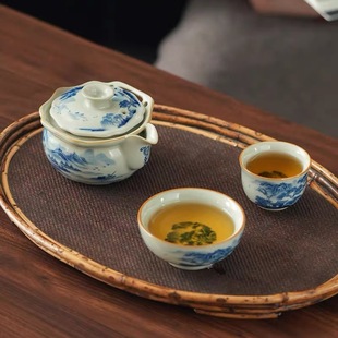 青花山水压手杯仿古茶杯个人专用主人杯单杯高端水墨山水旅行套组