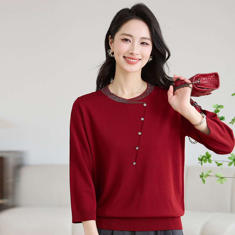 中老年女秋季红色烫钻针织衫上衣