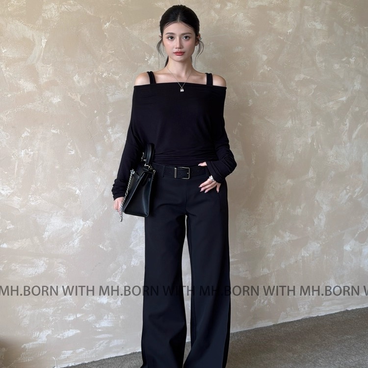 BORNWITH黑色百搭阔腿喇叭裤