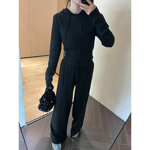 连帽针织衫 长袖 短款 打底衫 bornwith黑色两件套装 休闲阔腿裤 女冬季