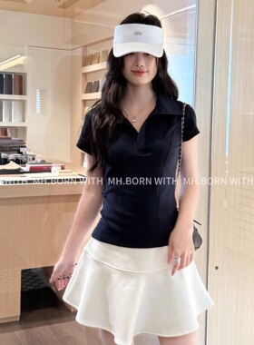 BORN WITH蓝色翻领polo衫正肩短袖T恤女休闲修身收腰显瘦短款上衣