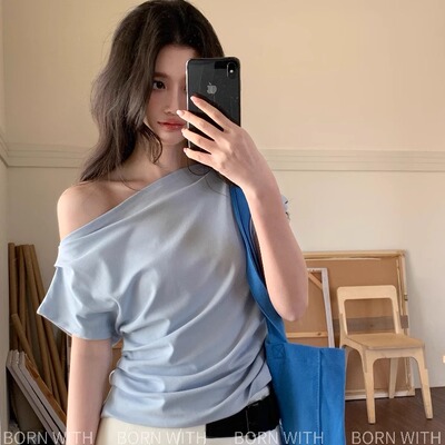 斜肩一字肩洋气辣妹短袖t恤女