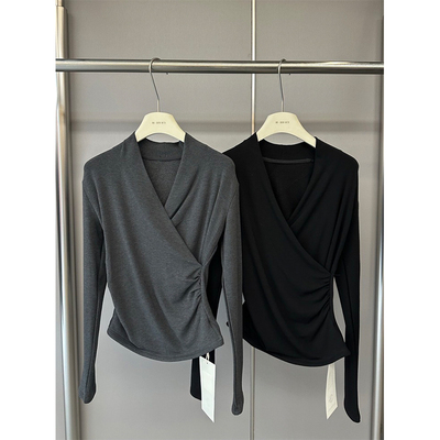 v领交叉设计感长袖t恤女秋冬内搭