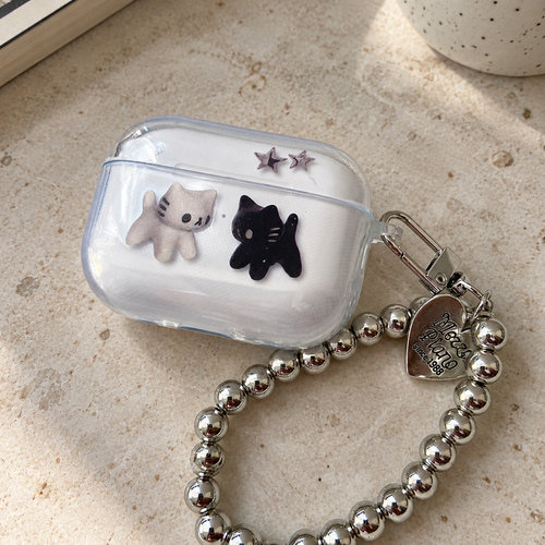 创意简约创意耳机保护壳个性黑白双猫星星透明耳机壳适用airpods1/2/3/4/5/pro/pro2/pro3充电盒保护套猫咪