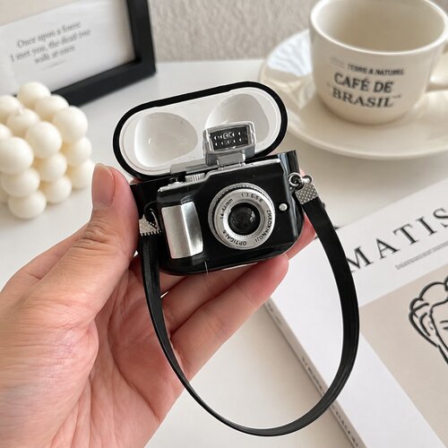 适用AirPods1/2/3/4/Pro/Pro2/Pro3立体相机耳机套黑色光面保护壳苹果无线耳机壳复古摄影机造型软壳潮流个性
