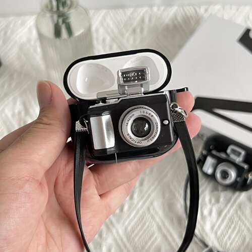 适用AirPods1/2/3/4/Pro/Pro2/Pro3立体相机耳机套黑色光面保护壳苹果无线耳机壳复古摄影机造型软壳潮流个性