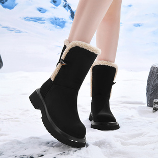 女子中筒黑色羊毛雪地靴2025冬季新款厚底加绒加厚雪地棉靴子棉鞋
