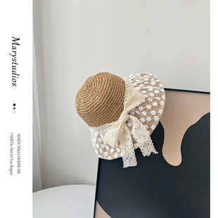 网红蕾丝蝴蝶结草帽女夏季防晒大帽檐出游沙滩帽可折叠遮阳渔夫帽