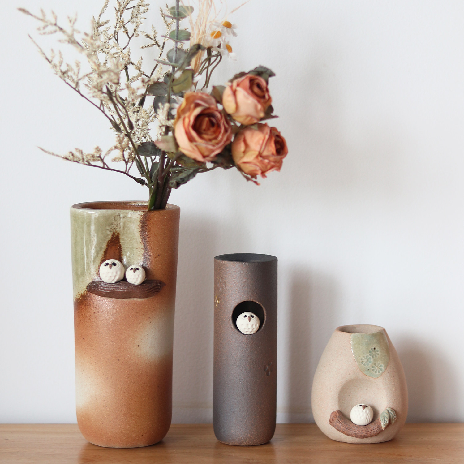 日本信乐烧粗陶手工猫头鹰花瓶