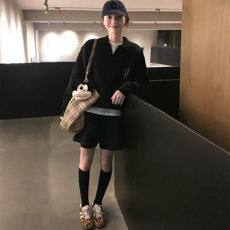 秋季新款韩系慵懒风休闲宽松设计感假两件套头毛衣女学生针织上衣