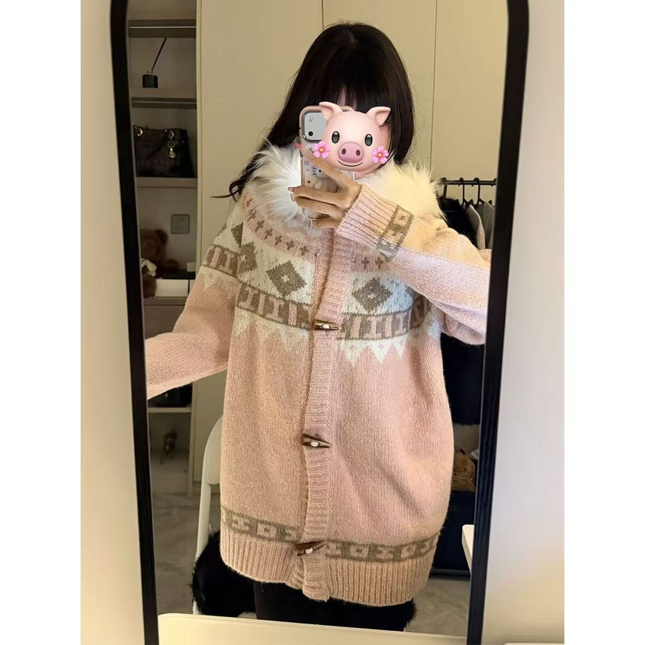 韩系大毛领连帽慵懒风费尔岛毛衣开衫外套秋冬宽松高级感针织上衣