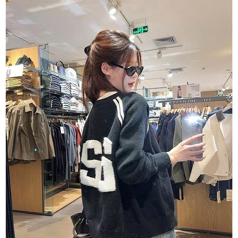 美式复古撞色字母毛衣开衫女秋冬长袖针织上衣慵懒风宽松休闲外套